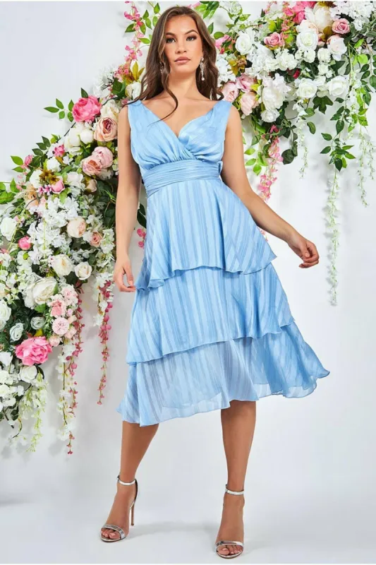 Tiered Chiffon Midi Dress - Powder Blue by Goddiva sold by Goddiva