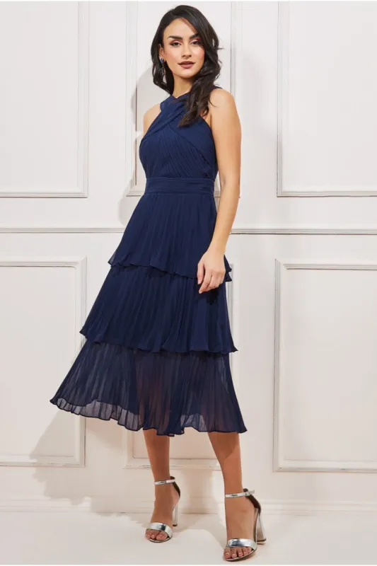 Goddiva Pleated Bodice Chiffon Tiered Midi - Navy sold by Goddiva