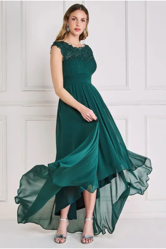 Crochet & Pleated Top High Low Maxi - Emerald by Goddiva sold by Goddiva