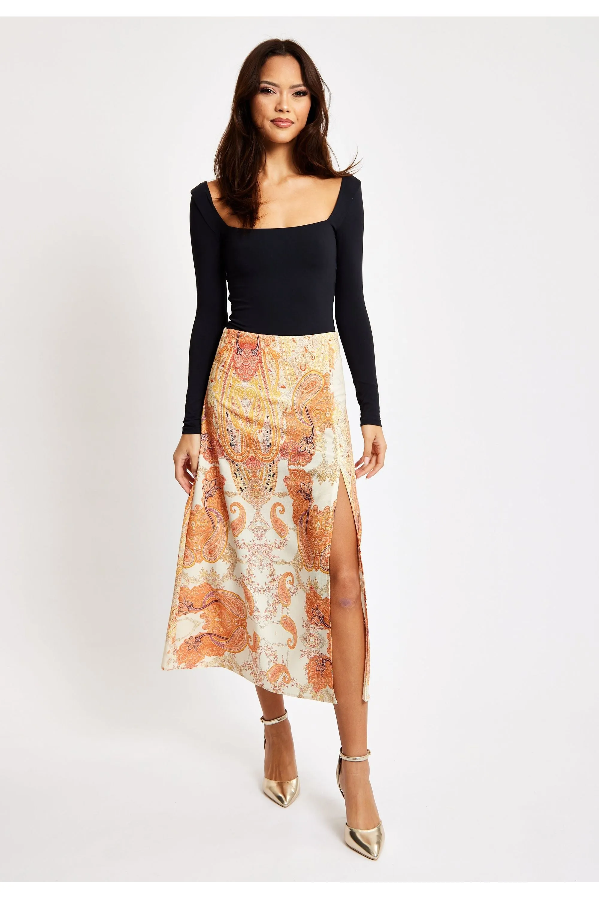 Liquorish Abstract Print Midi Skirt In Orange sold by Goddiva product image thumbnail 3