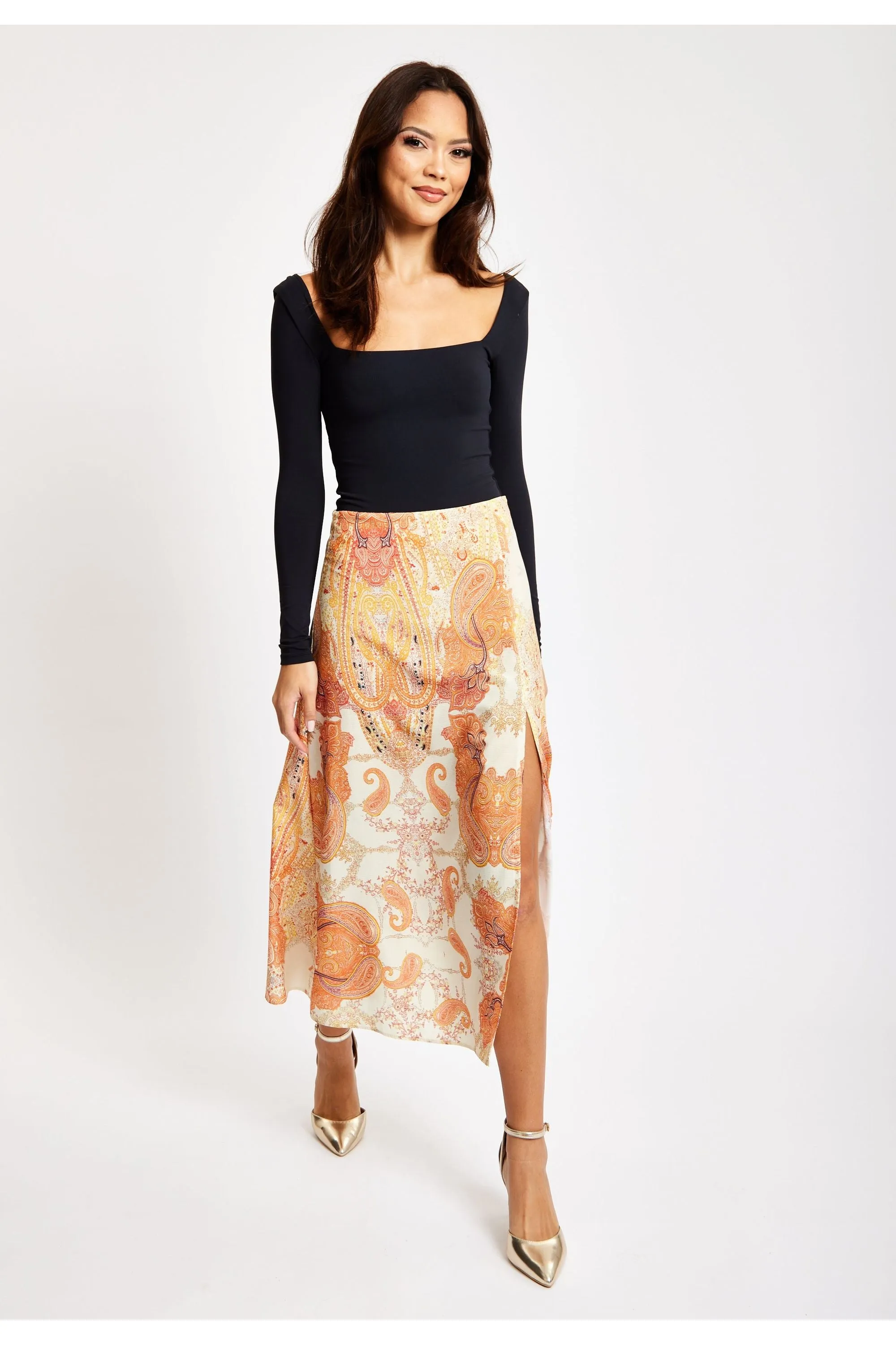 Liquorish Abstract Print Midi Skirt In Orange sold by Goddiva product image thumbnail 4