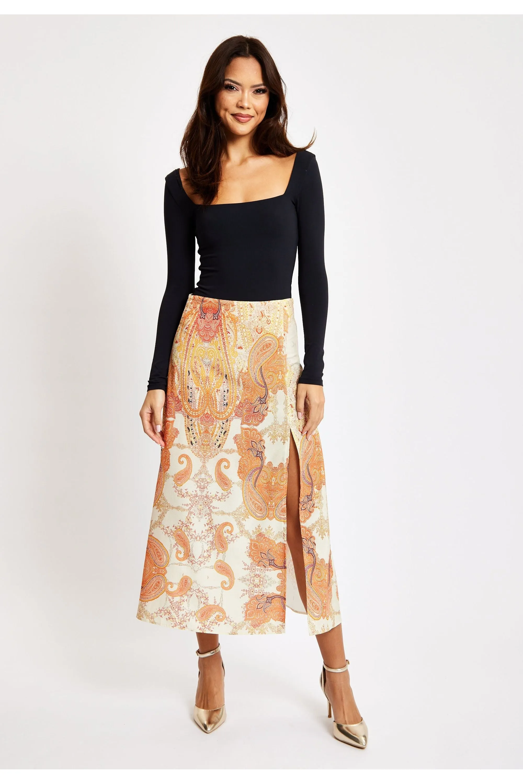 Liquorish Abstract Print Midi Skirt In Orange sold by Goddiva