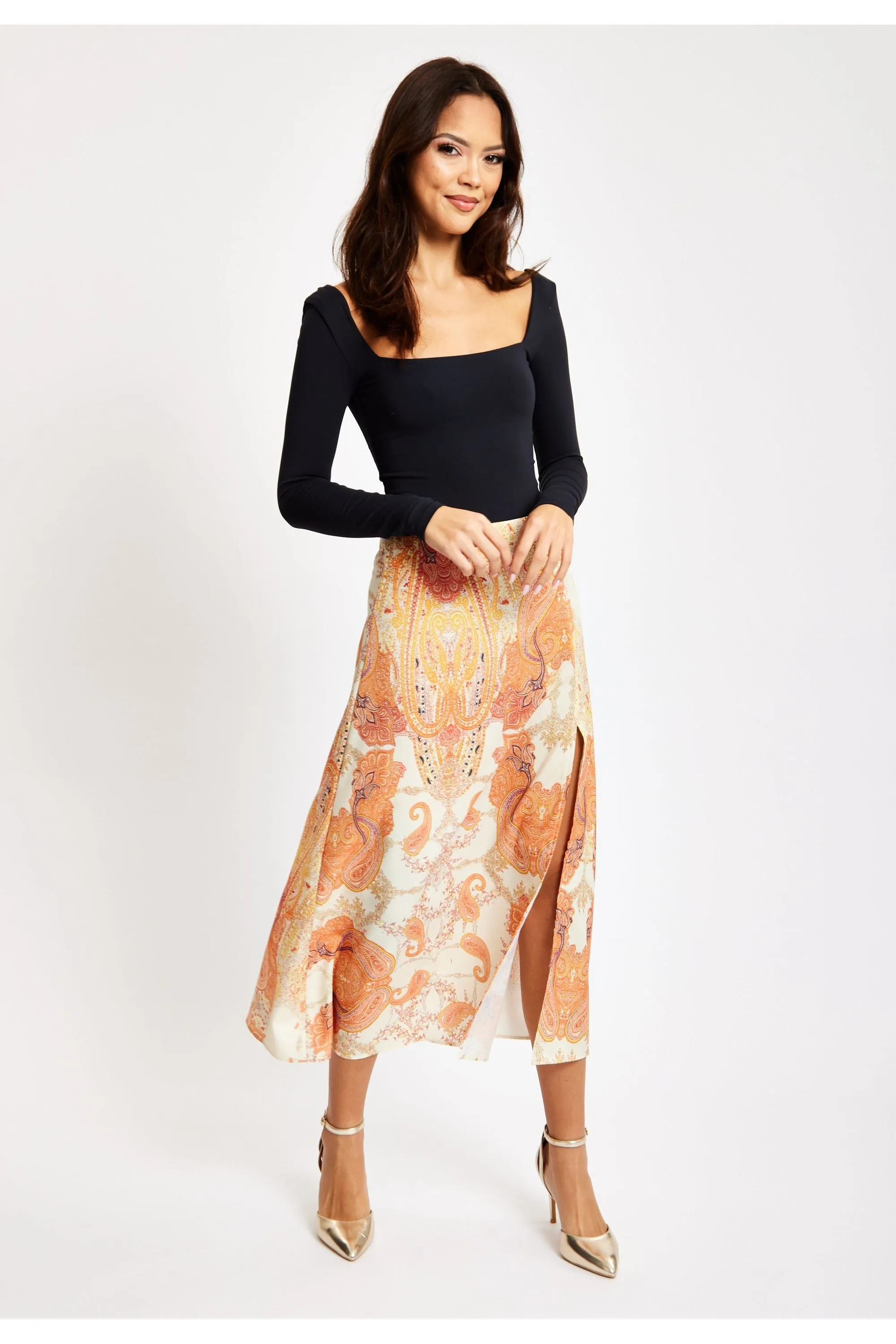 Liquorish Abstract Print Midi Skirt In Orange sold by Goddiva product image thumbnail 5