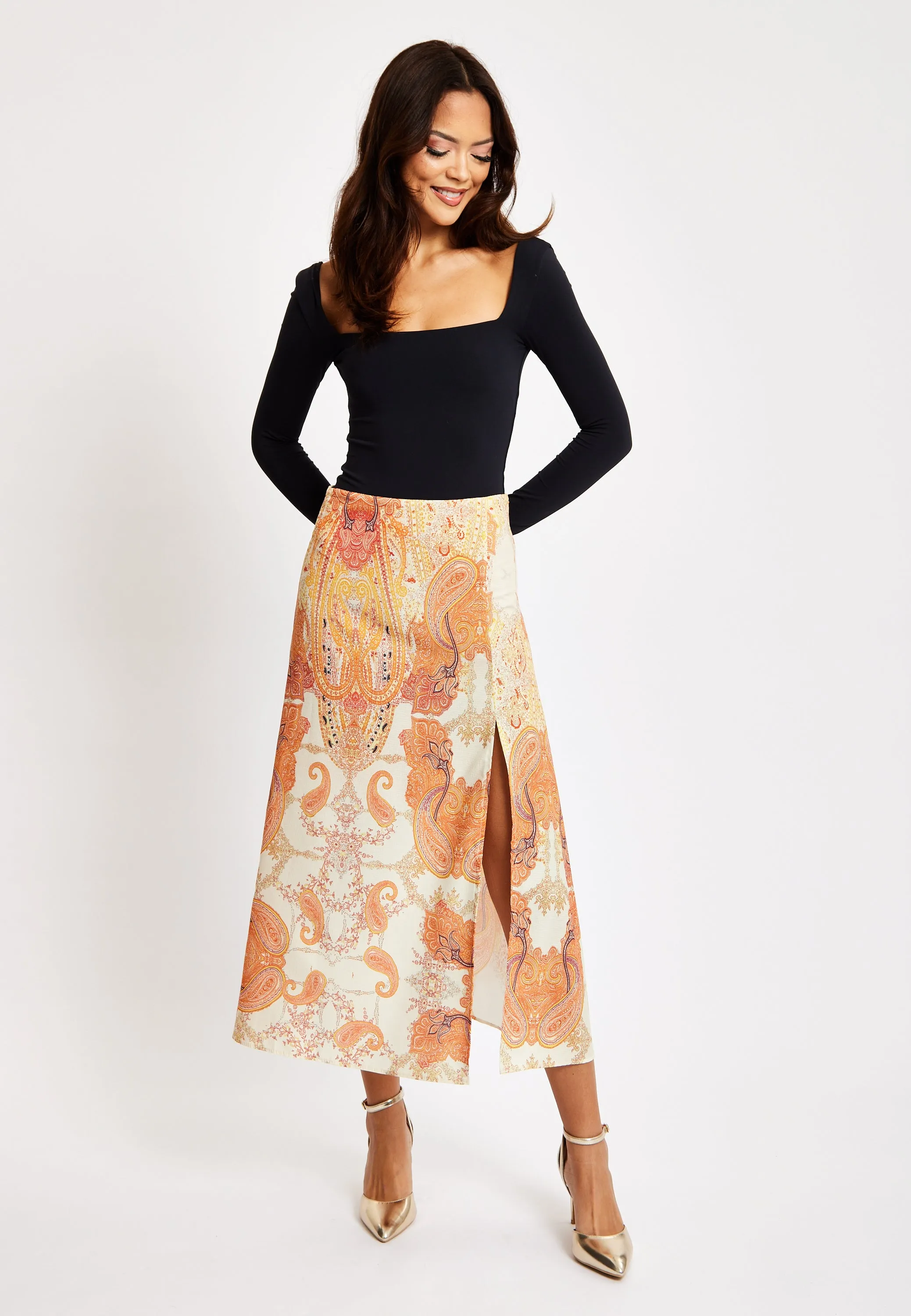 Liquorish Abstract Print Midi Skirt In Orange sold by Goddiva product image thumbnail 2