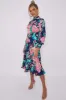LOVE SUNSHINE Navy Floral Print Twill Satin Frilled Hem Midi Dress sold by Goddiva