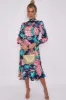 LOVE SUNSHINE Navy Floral Print Twill Satin Frilled Hem Midi Dress sold by Goddiva