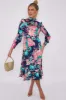 LOVE SUNSHINE Navy Floral Print Twill Satin Frilled Hem Midi Dress sold by Goddiva