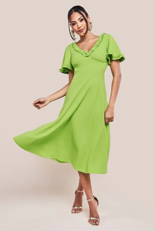 Flare Sleeve Frill Edge Midi Dress - Lime Green by Goddiva sold by Goddiva