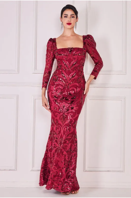 Square Neck Scalloped Lace Maxi - Wine by Goddiva sold by Goddiva