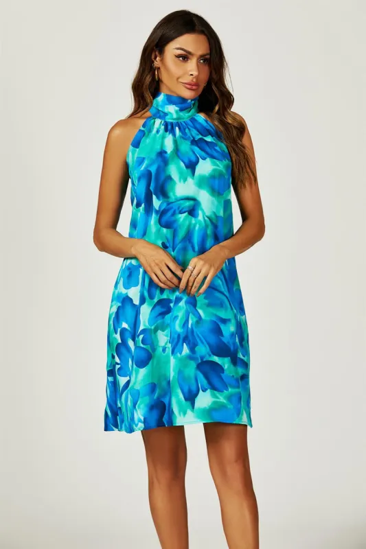 FS Collection Abstract Floral Print Halter Neck Tie Back Mini Dress In Blue sold by Goddiva