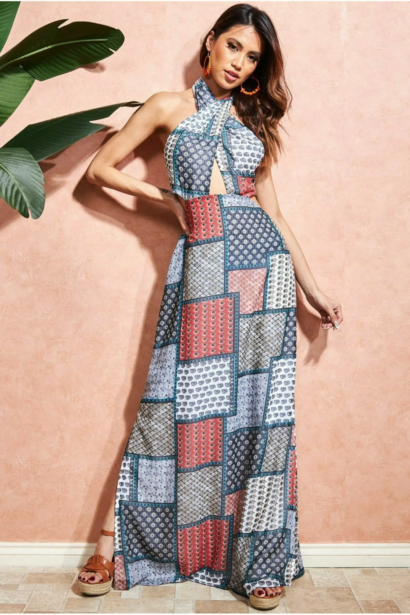 Halter Neck Printed Maxi Dress - Blue by City Goddess sold by Goddiva