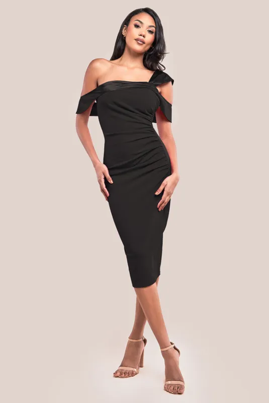 One Shoulder Satin Band Bodycon Midi Dress - Black by Goddiva sold by Goddiva