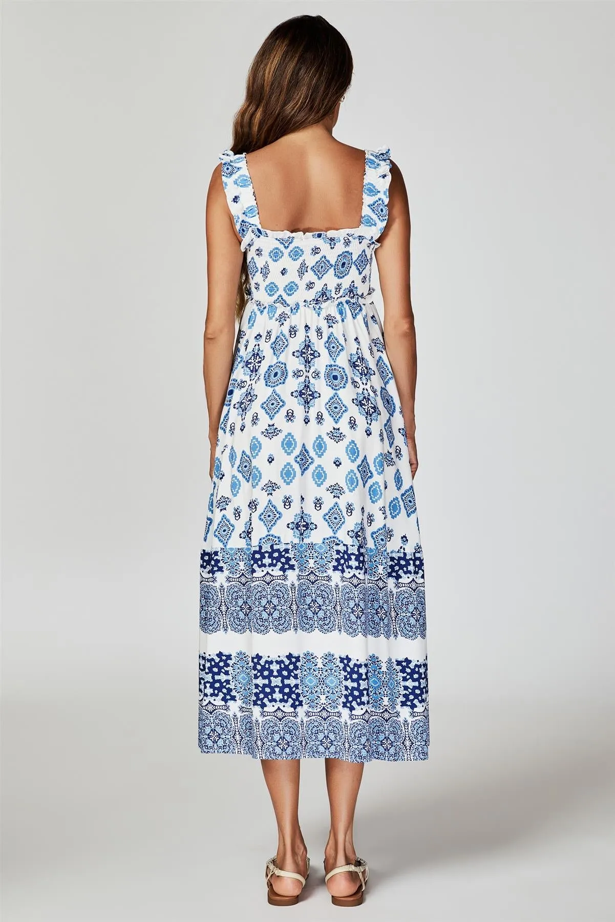 FS Collection Blue Border Print Hem Detail Tiered Maxi Dress In White sold by Goddiva product image thumbnail 5