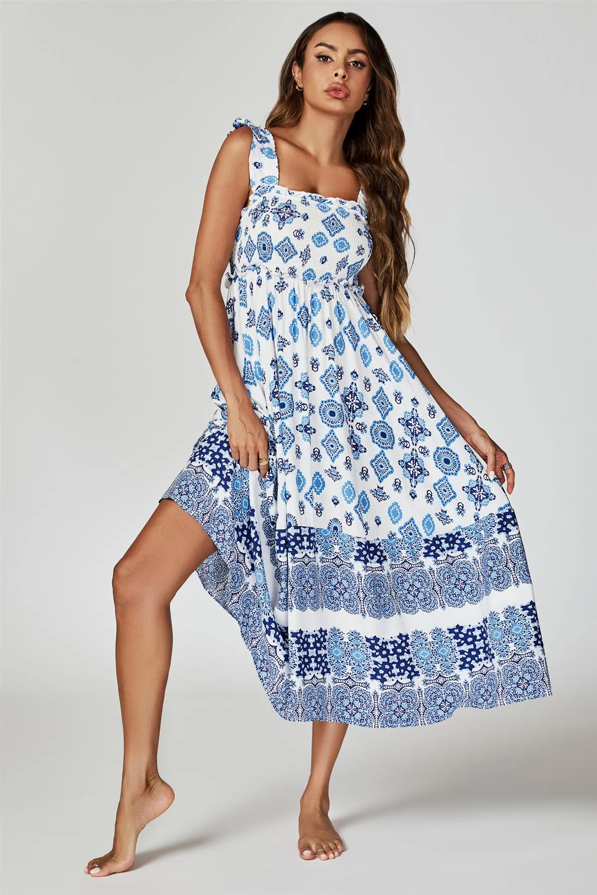 FS Collection Blue Border Print Hem Detail Tiered Maxi Dress In White sold by Goddiva product image thumbnail 2