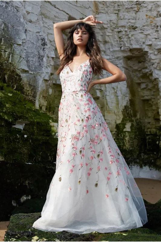 Goddiva Sleeveless Floral Mesh Maxi Dress - Ivory sold by Goddiva