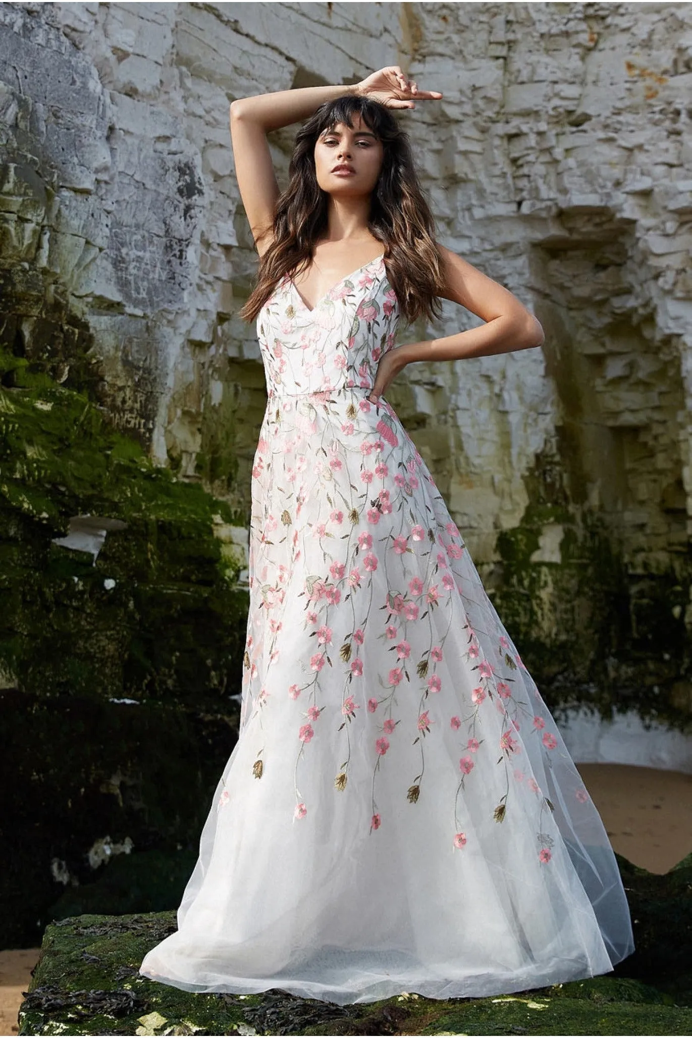 Goddiva Sleeveless Floral Mesh Maxi Dress - Ivory sold by Goddiva