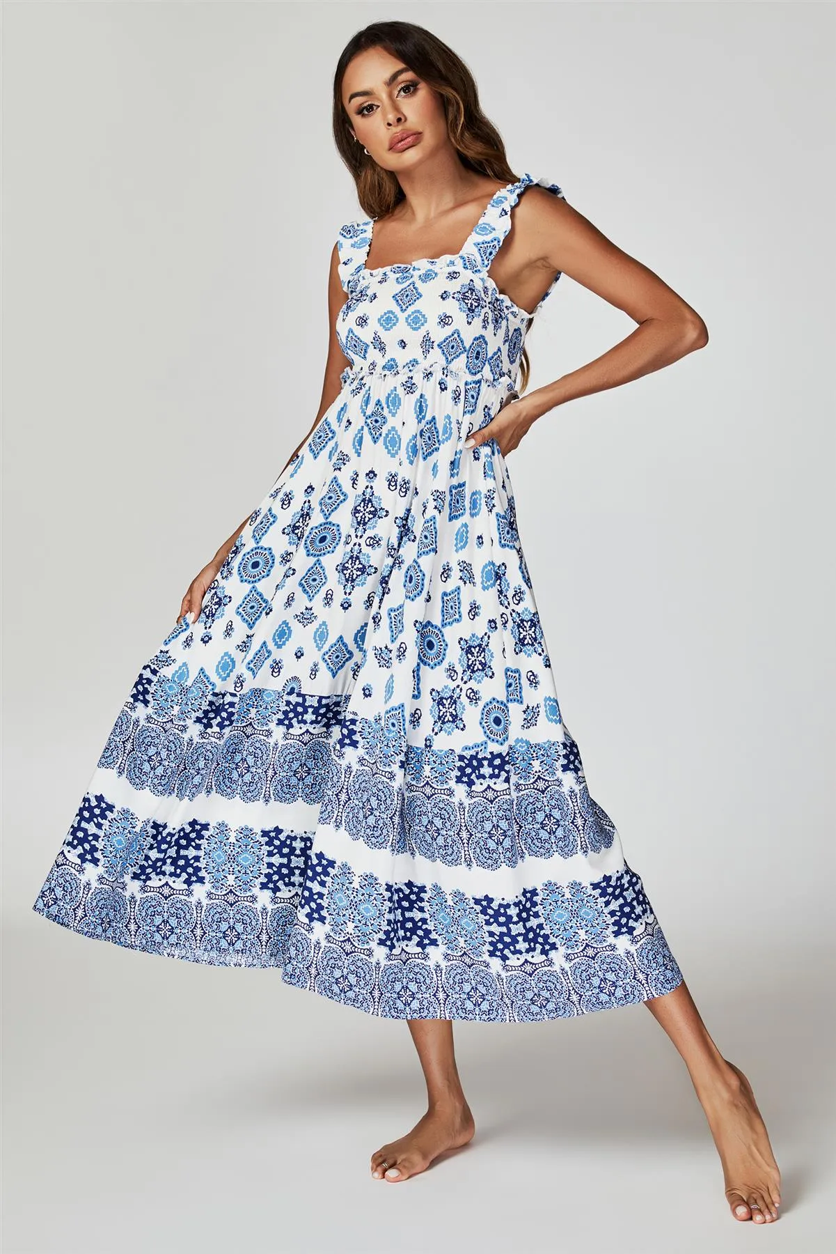 FS Collection Blue Border Print Hem Detail Tiered Maxi Dress In White sold by Goddiva product image thumbnail 3