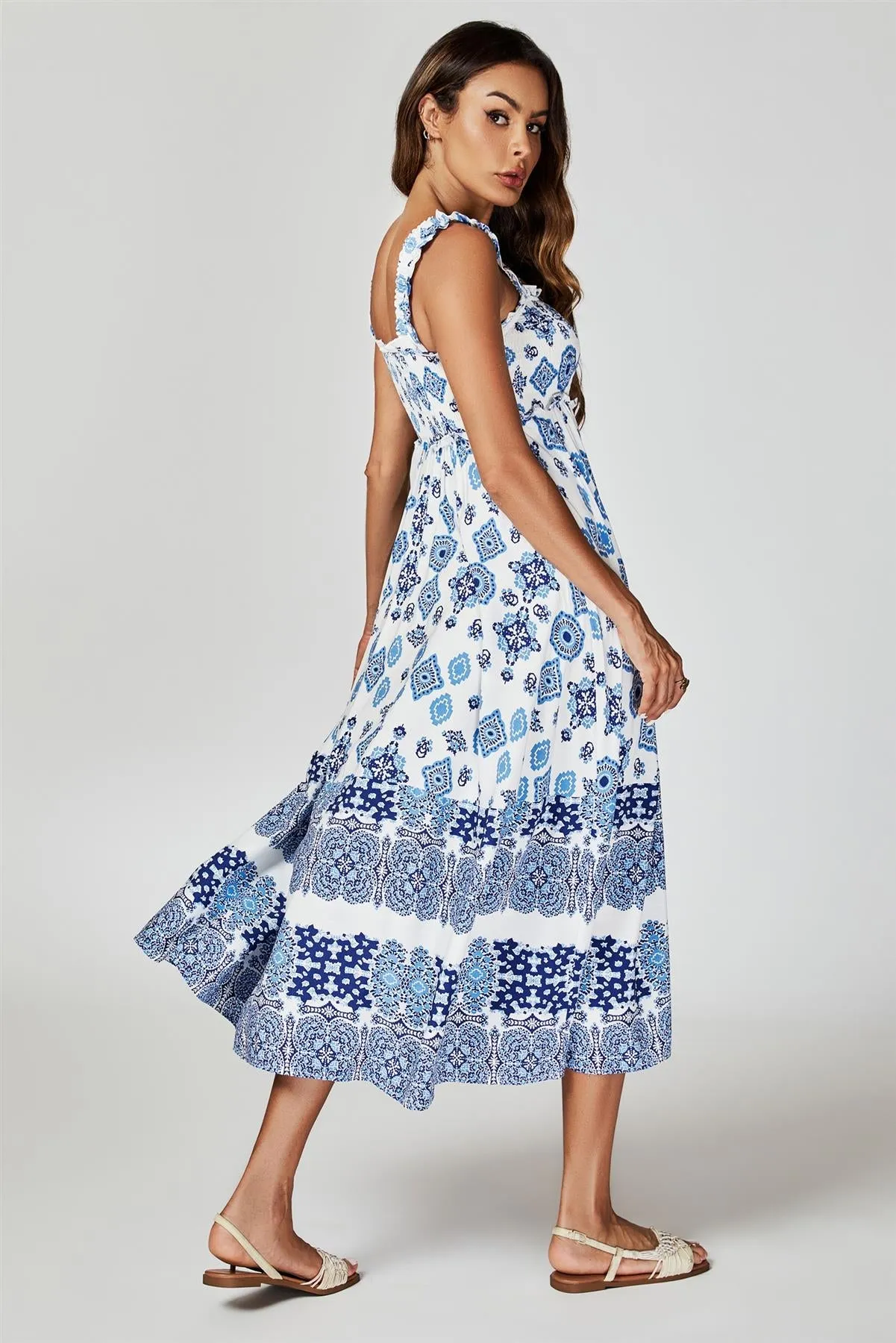 FS Collection Blue Border Print Hem Detail Tiered Maxi Dress In White sold by Goddiva product image thumbnail 4