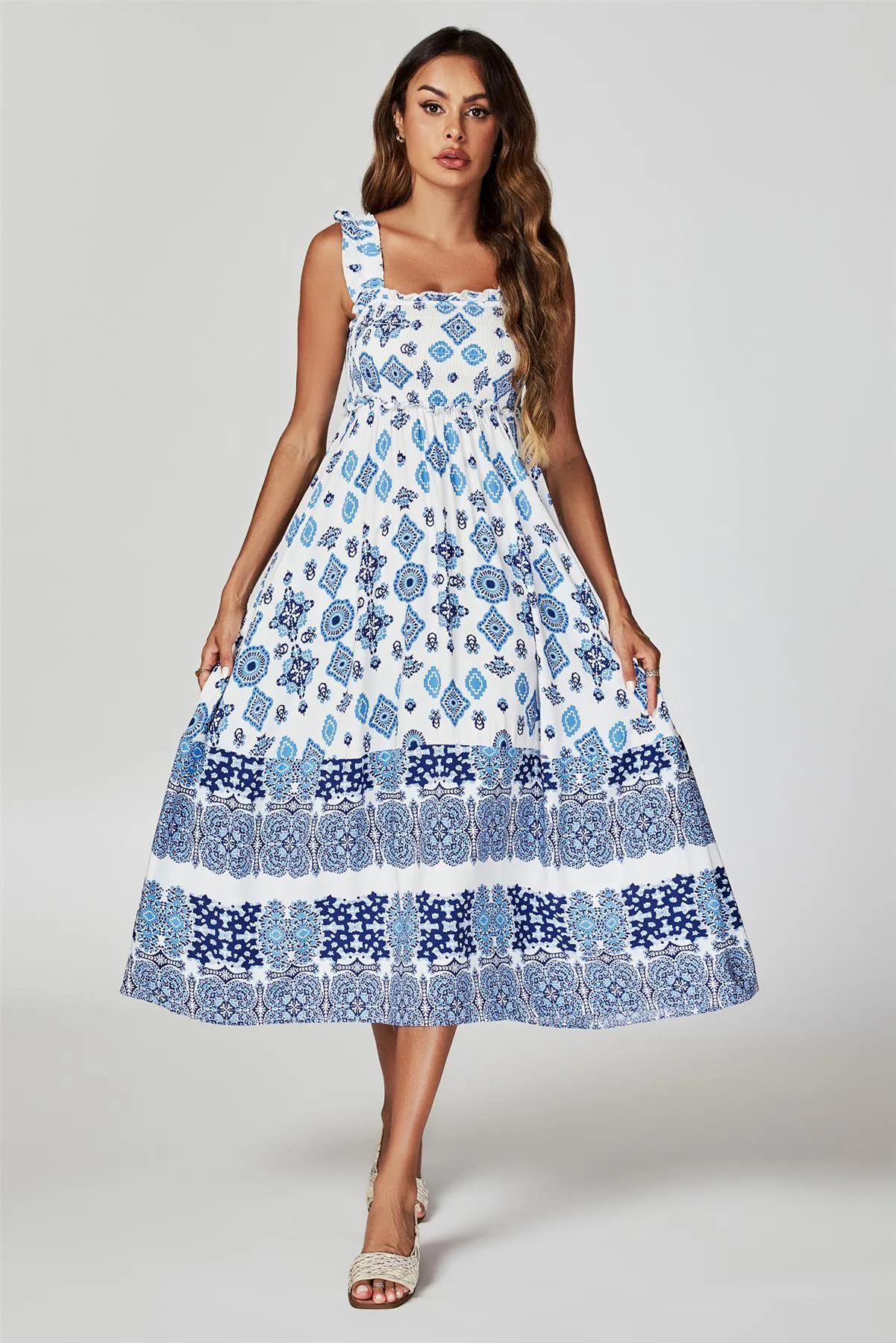 FS Collection Blue Border Print Hem Detail Tiered Maxi Dress In White sold by Goddiva
