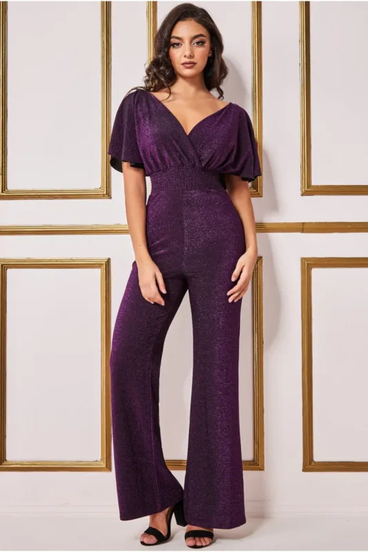 Lurex Wrap Style Jumpsuit - Magenta by Goddiva made by Goddiva