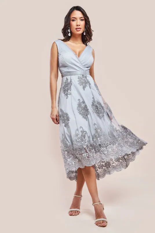 Pleated Satin Bodice High And Low Dress - Grey by Goddiva sold by Goddiva