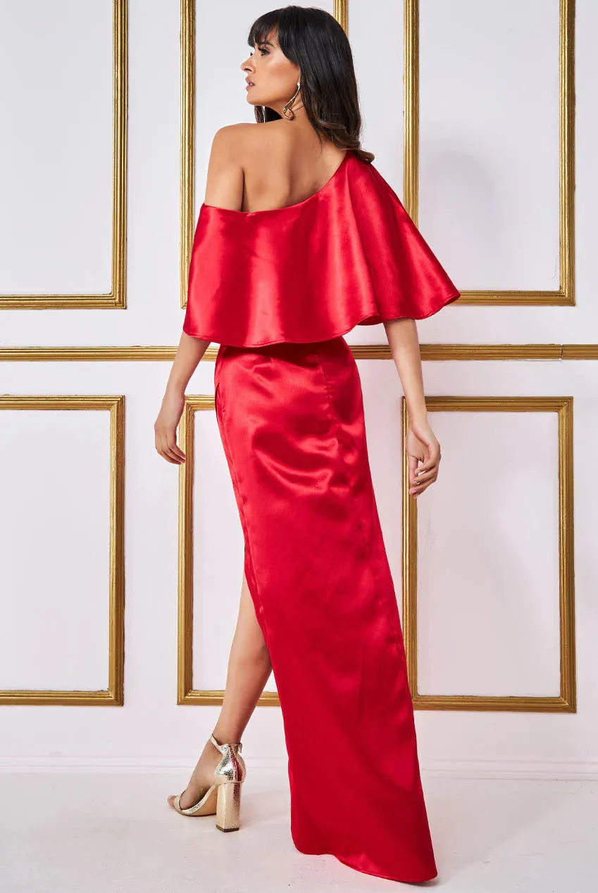 Goddiva Satin Drape Shoulder Wrap Maxi Dress - Red sold by Goddiva product image thumbnail 2