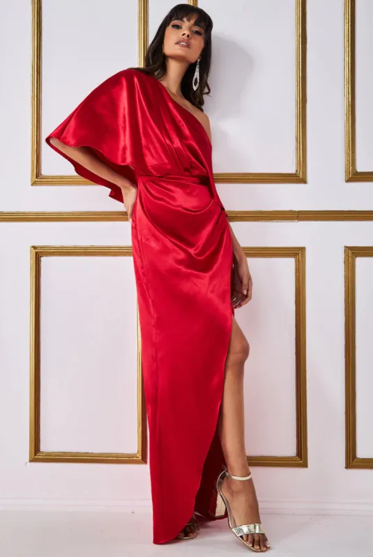 Goddiva Satin Drape Shoulder Wrap Maxi Dress - Red sold by Goddiva