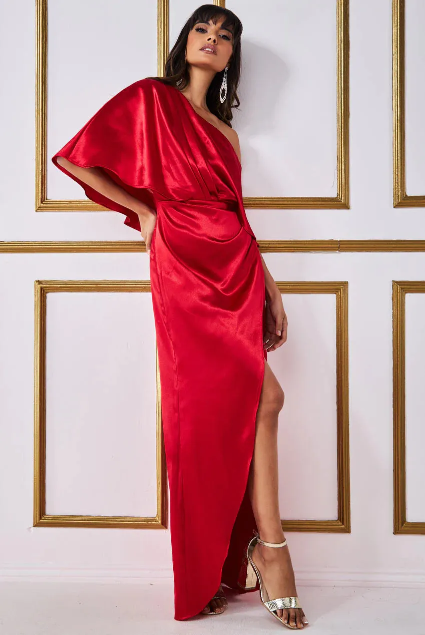 Goddiva Satin Drape Shoulder Wrap Maxi Dress - Red sold by Goddiva