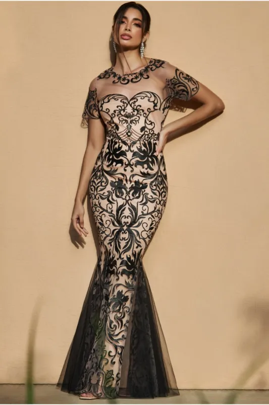 Mesh & Lace Maxi With Scalloped Hem - Black by Goddiva sold by Goddiva