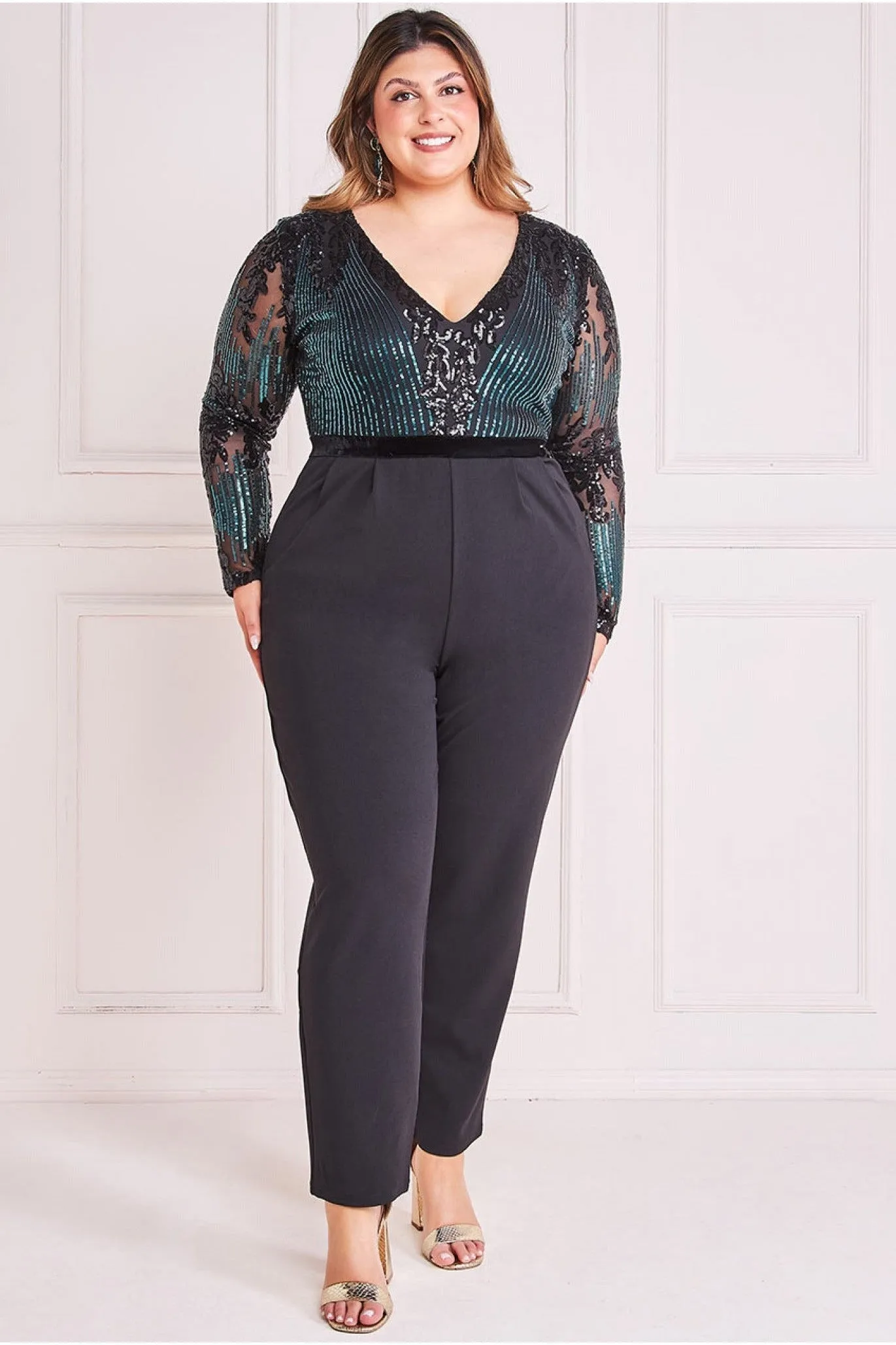 Sequin & Mesh Jumpsuit - Emerald Green by Goddiva Plus sold by Goddiva