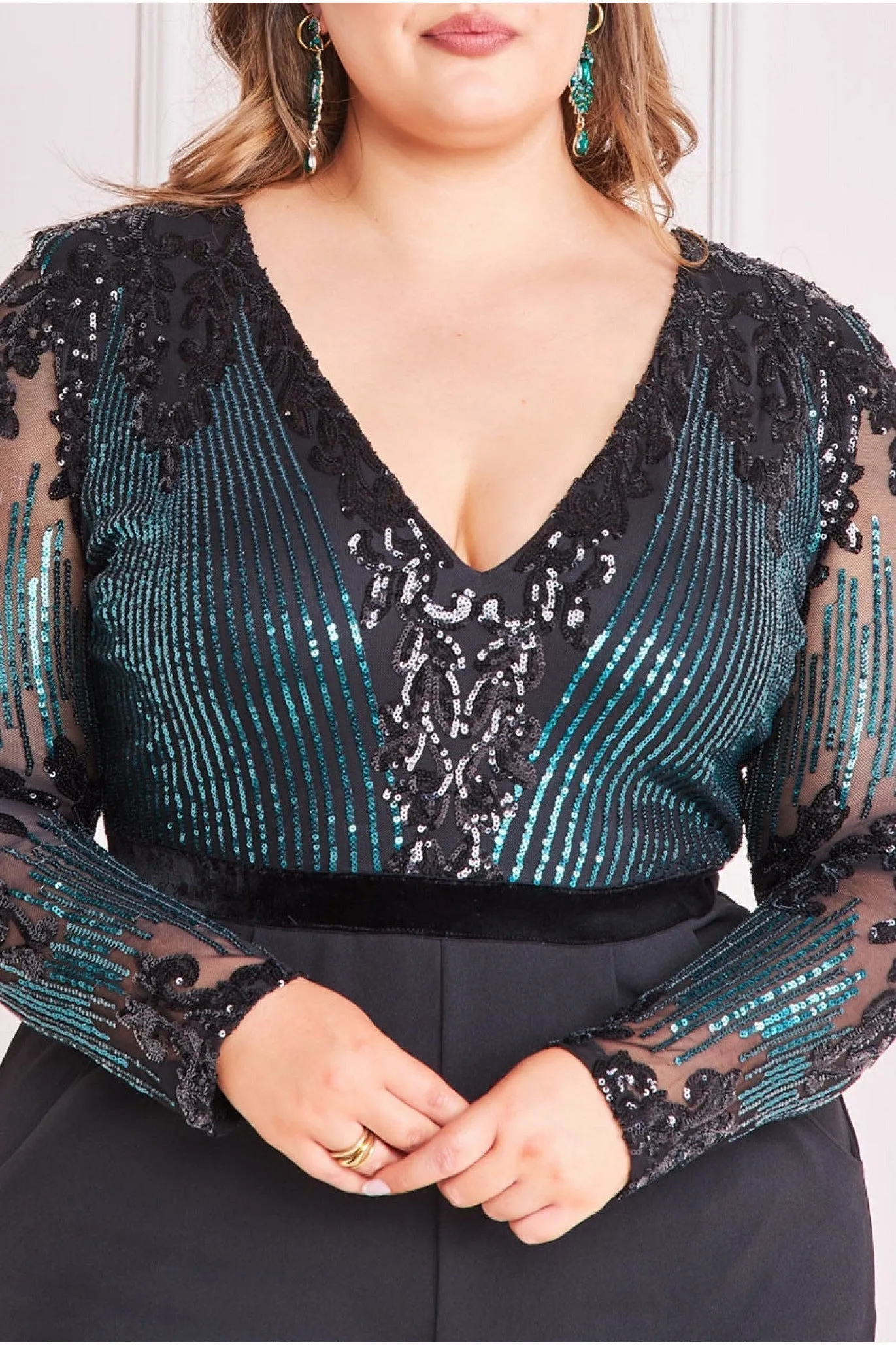 Sequin & Mesh Jumpsuit - Emerald Green by Goddiva Plus sold by Goddiva product image thumbnail 3