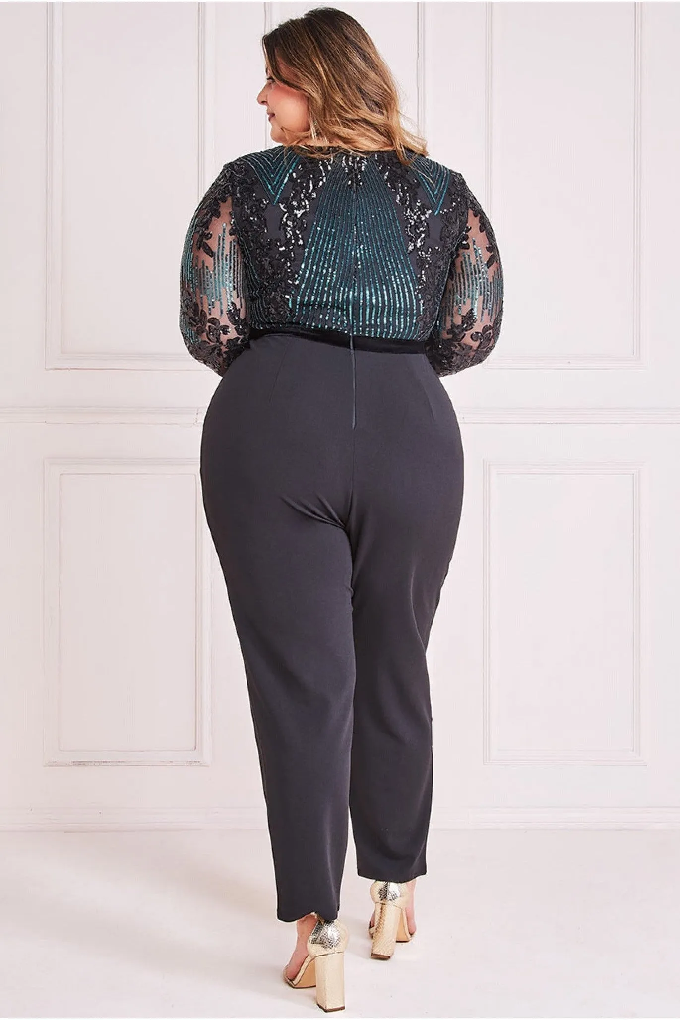 Sequin & Mesh Jumpsuit - Emerald Green by Goddiva Plus sold by Goddiva product image thumbnail 2