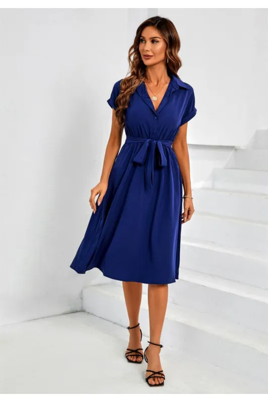 Short Sleeve Shirt Midi Dress In Navy by FS Collection sold by Goddiva