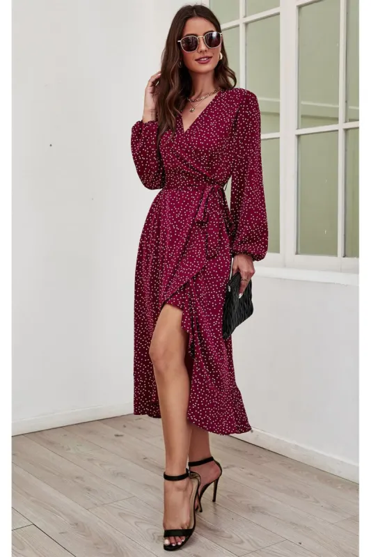Long Sleeve Wrap Midi Dress In Wine by FS Collection sold by Goddiva