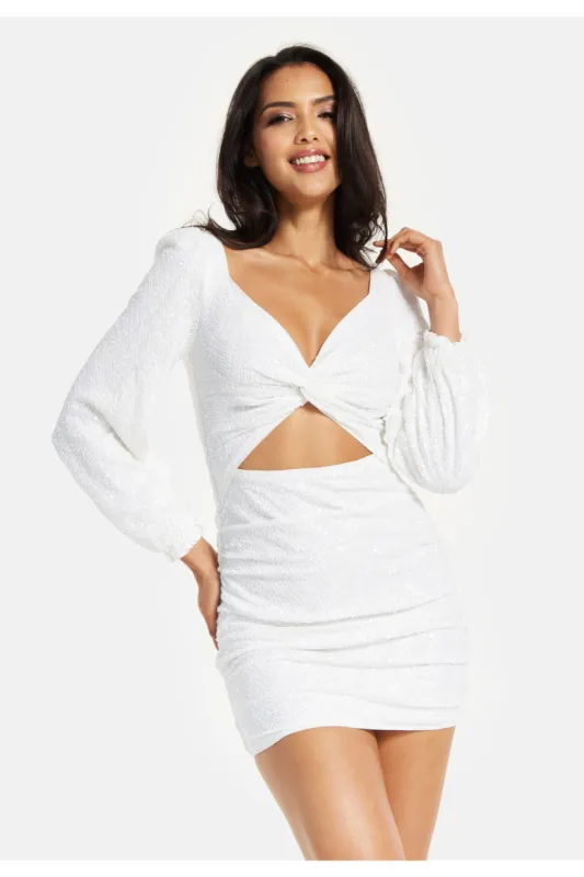 White Sequin Long Sleeve Cut Out Mini Dress by Liquorish sold by Goddiva