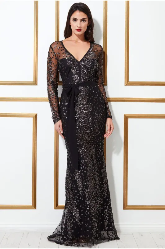 Goddiva Spread On Sequin Maxi Dress With Belt - Black sold by Goddiva