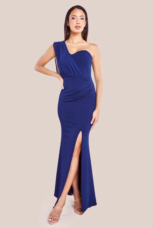 One Shoulder Front Split Maxi Dress - Navy by Goddiva sold by Goddiva