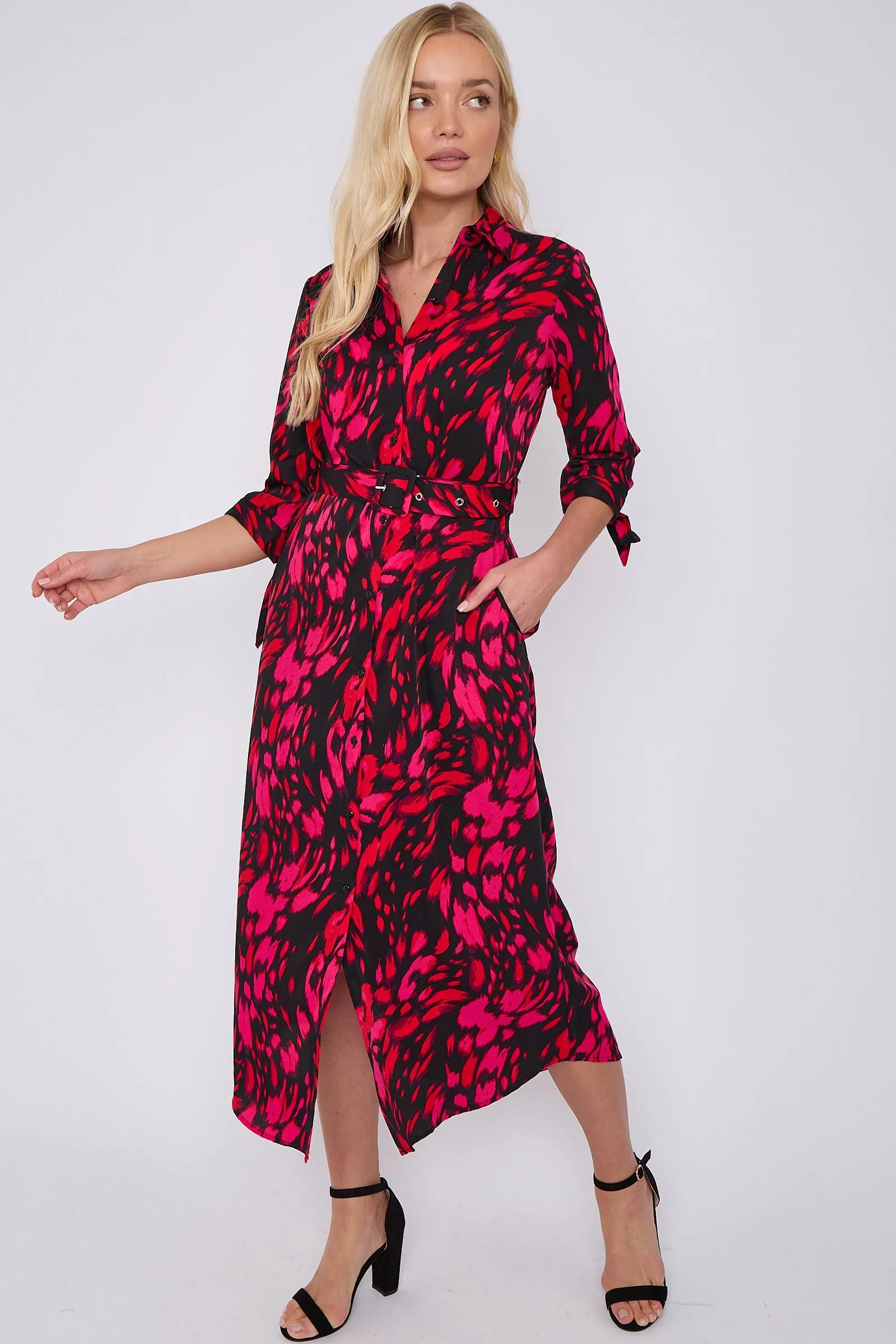 Fuchsia Leopard Print Half Sleeve Belted Maxi Shirt Dress by LOVE SUNSHINE sold by Goddiva product image thumbnail 5