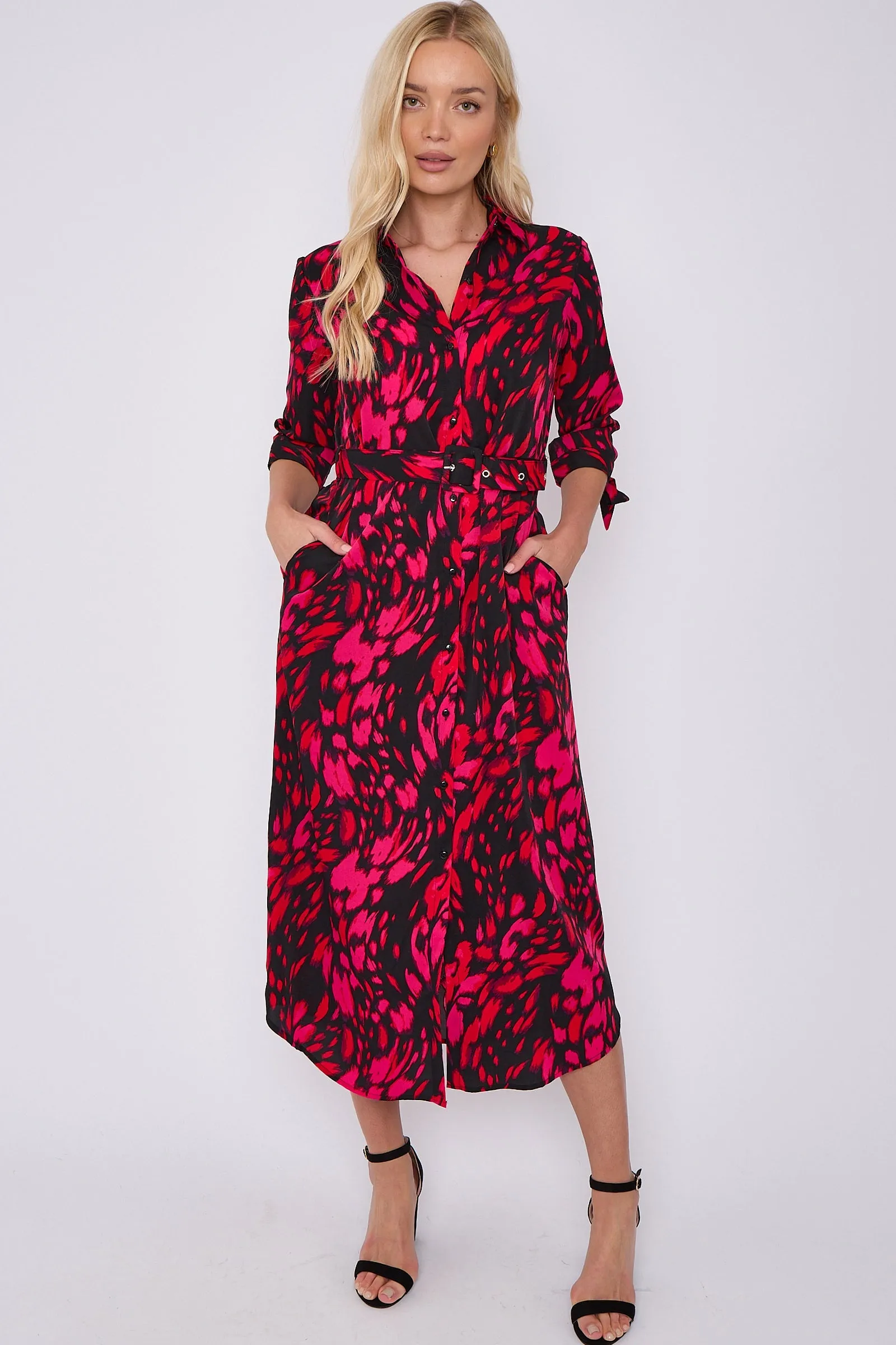 Fuchsia Leopard Print Half Sleeve Belted Maxi Shirt Dress by LOVE SUNSHINE sold by Goddiva product image thumbnail 2