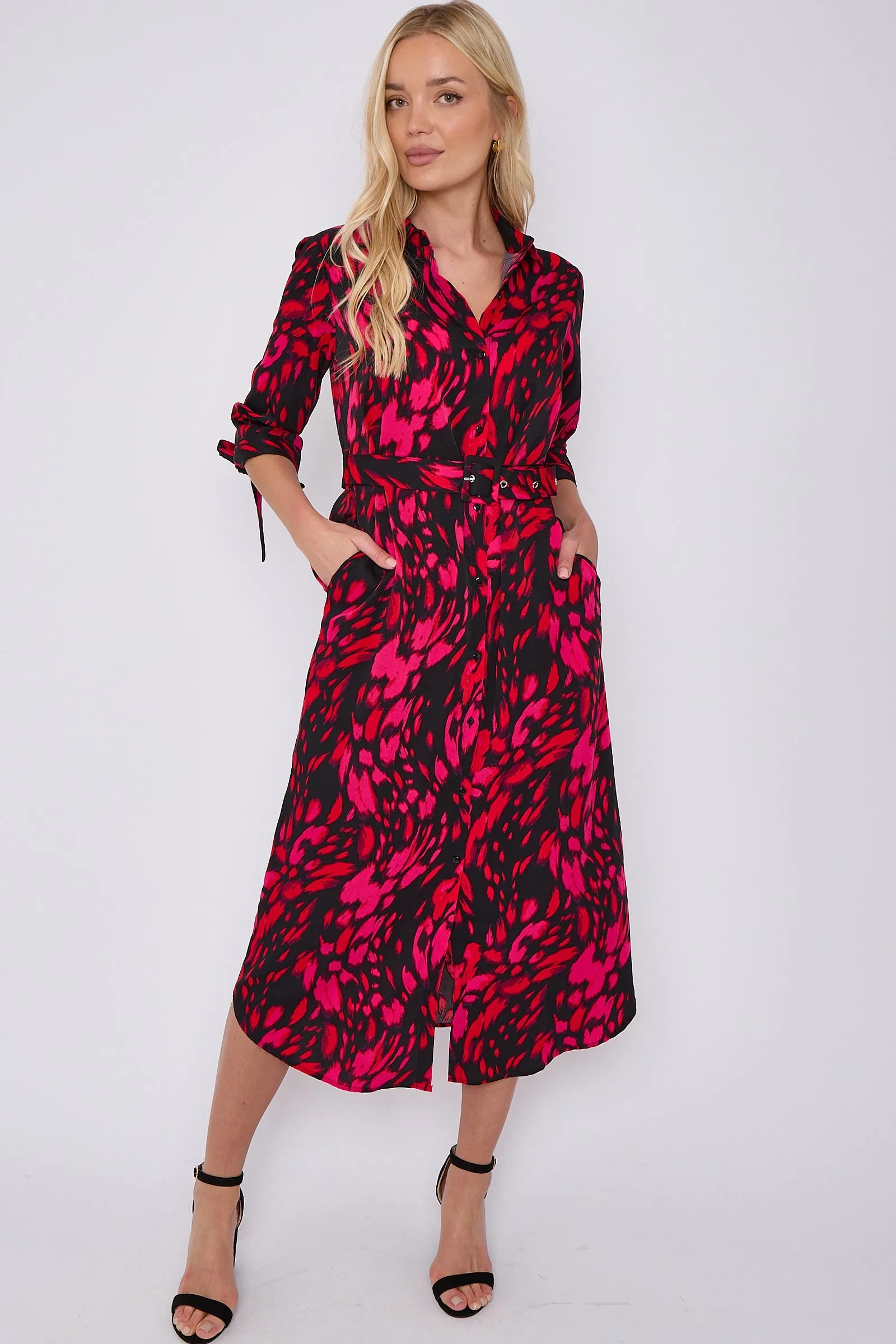Fuchsia Leopard Print Half Sleeve Belted Maxi Shirt Dress by LOVE SUNSHINE sold by Goddiva product image thumbnail 3