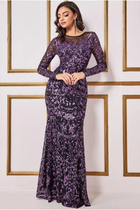 Sequin Mesh Embroidered Maxi Dress - Purple by Goddiva sold by Goddiva