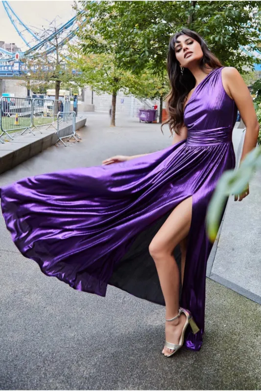 Goddiva One Shoulder Slinky Foil Flared Maxi Dress - Purple sold by Goddiva