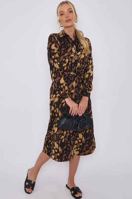 LOVE SUNSHINE Brown Leopard Print Long Sleeve Midi Shirt Dress sold by Goddiva