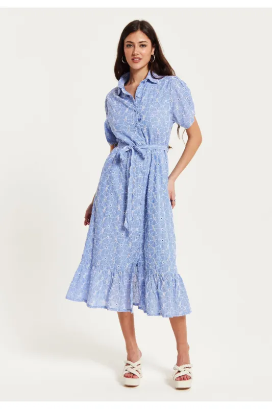 Liquorish Floral Embroidery Striped Blue Dress sold by Goddiva