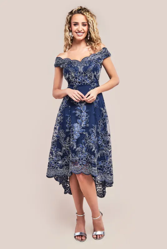 Embroidered Lace Midi Asymmetrical Hem - Navy Silver by Goddiva sold by Goddiva