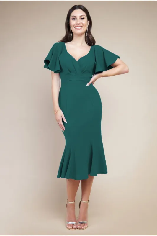 Flared Sleeve Front Wrap Midi Dress - Emerald Green by Goddiva sold by Goddiva