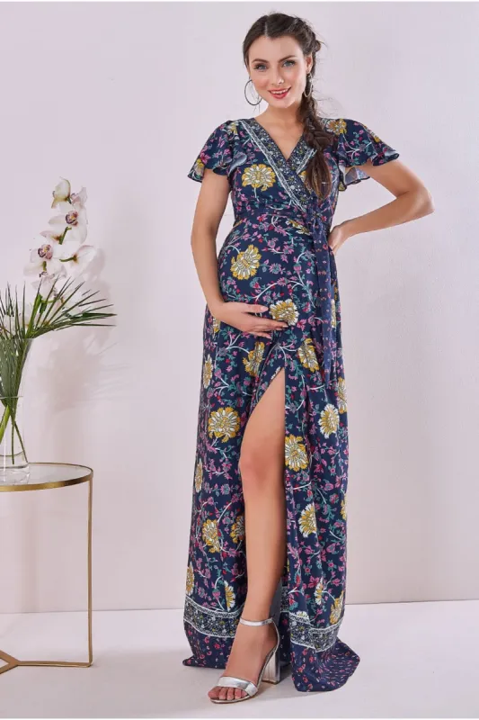 Maternity Floral Print Maxi Navy Print by Goddiva sold by Goddiva