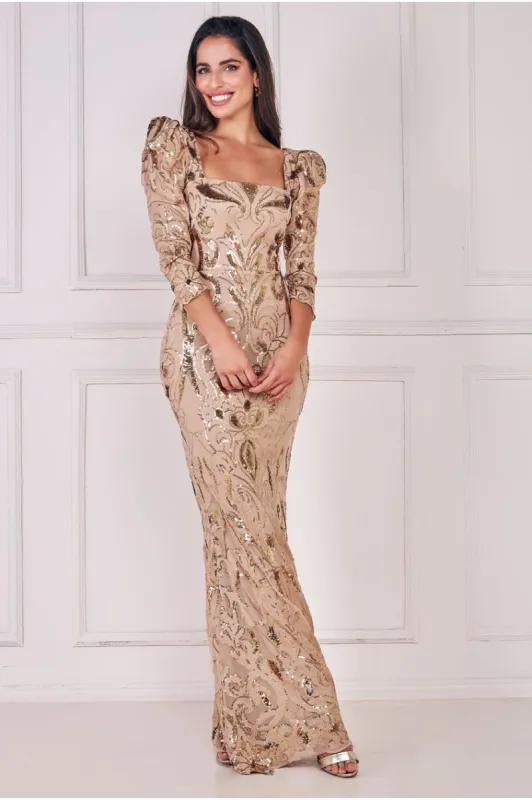 Square Neck Scalloped Lace Maxi - Champagne by Goddiva sold by Goddiva