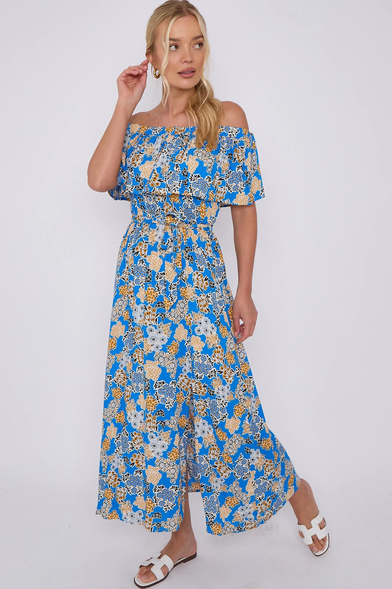 Blue Floral Print Bardot Maxi Dress by LOVE SUNSHINE sold by Goddiva product image thumbnail 5