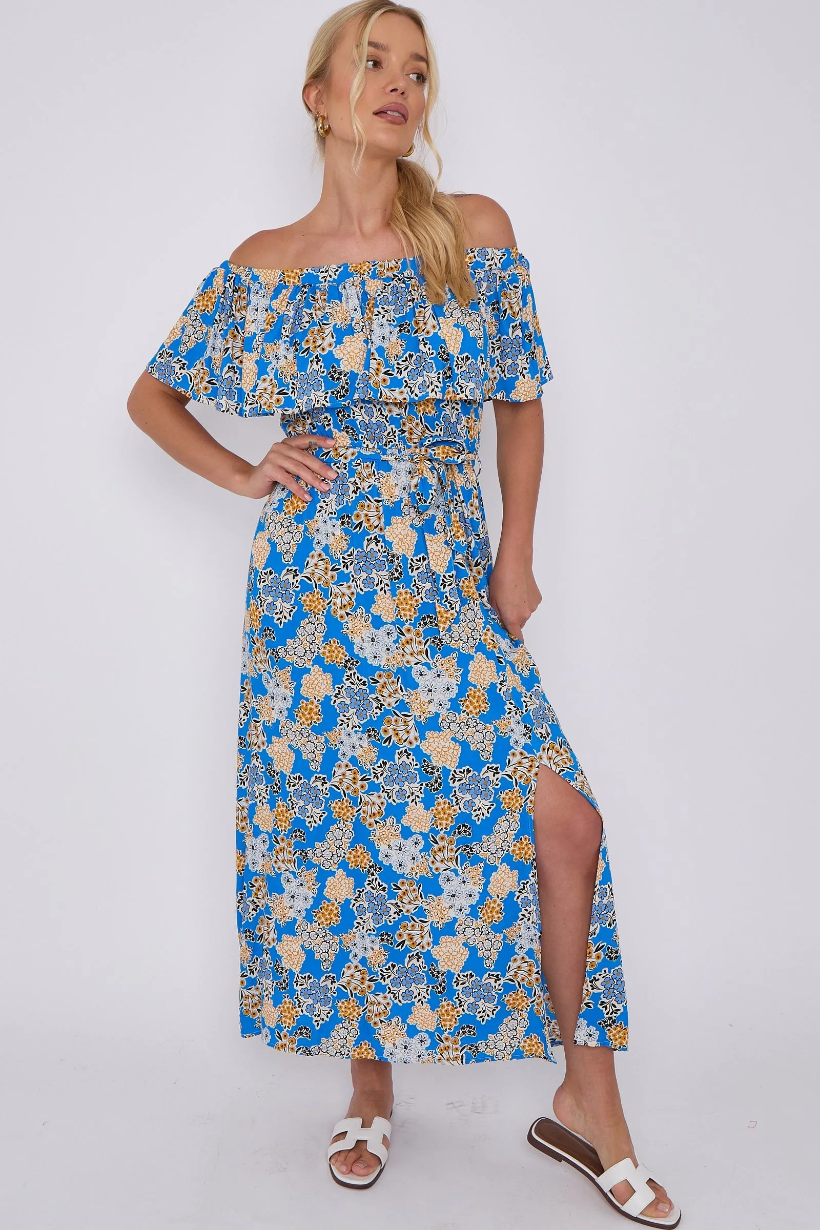 Blue Floral Print Bardot Maxi Dress by LOVE SUNSHINE sold by Goddiva product image thumbnail 2